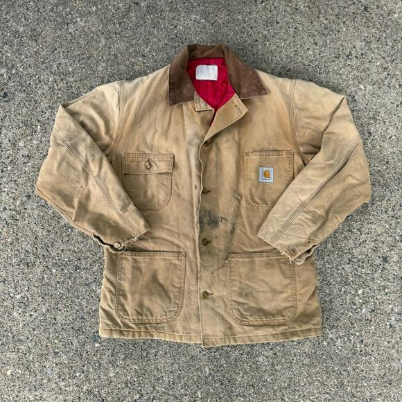 Vintage 90s Carhartt Brown Duck Canvas Red Quilt Lined Barn Chore Coat Jacket - Picture 2 of 7